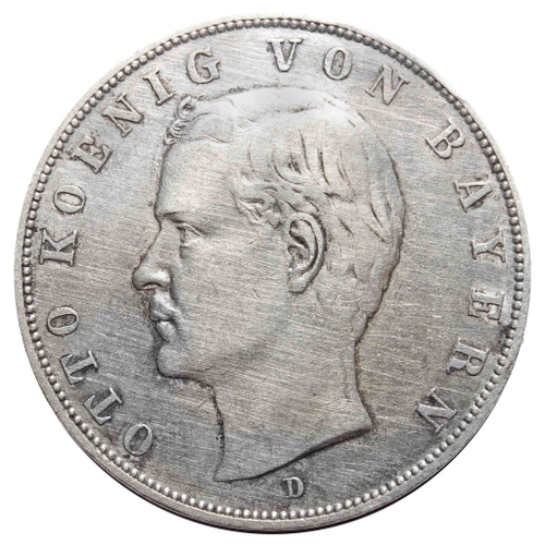 3 марки. Король Отто. (D) Германия-Бавария. 1909 год. Серебро. VF-XF