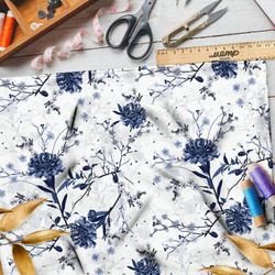 Ткань шифон зимние цветы на белом фоне