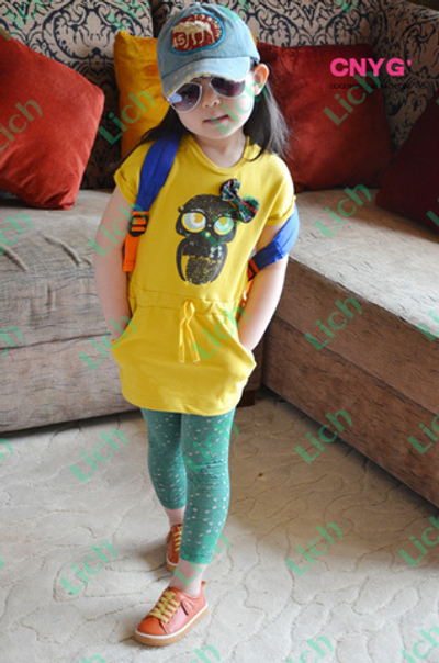 Туника детская на кулиске, с карманами и принтом совы с бантом