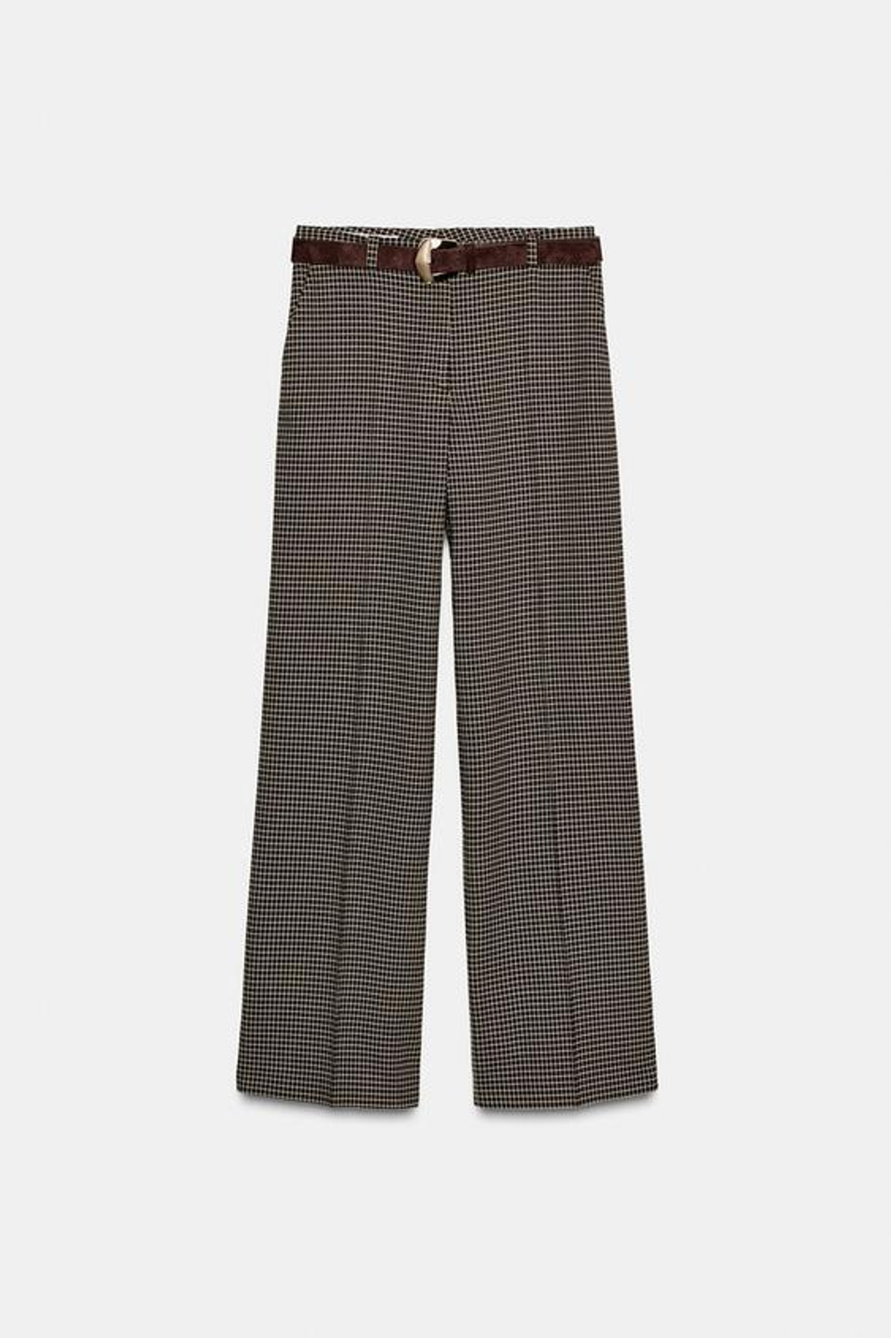 ZARA ПРЯМЫЕ БРЮКИ В КЛЕТКУ С ПОЯСОМ, КОРИЧНЕВЫЙ /ЭКРЮ