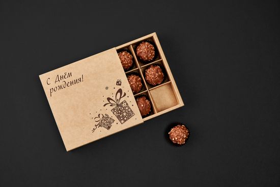 Упаковка с рисунком для 9 шоколадных конфет. С Днем Рождения!