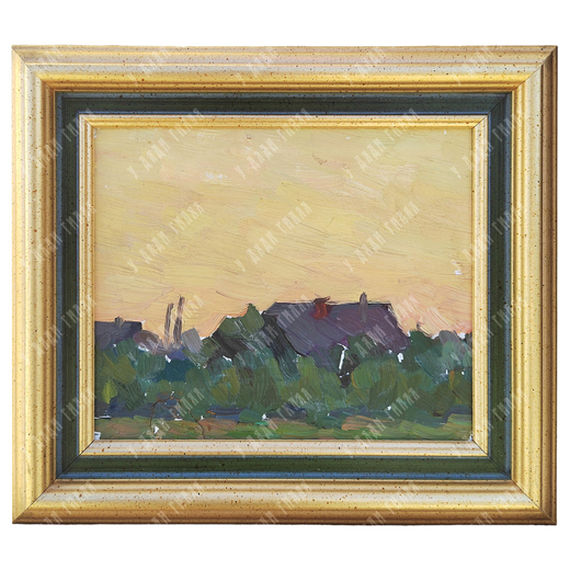 Динес Ю. С. Закат и крыши (Желтый закат). Этюд. Картон, масло. 1973