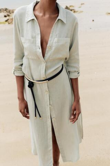 ZARA ПЛАТЬЕ-ТУНИКА ИЗО ЛЬНА, СВЕТЛЫЙ ХАКИ