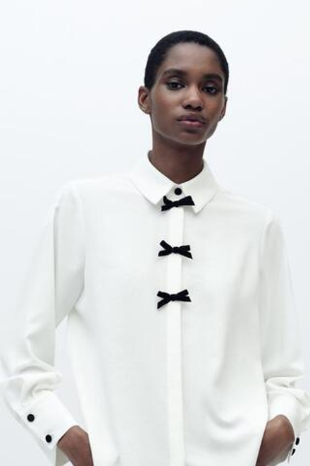 ZARA РУБАШКА С БАНТАМИ, ЭКРЮ