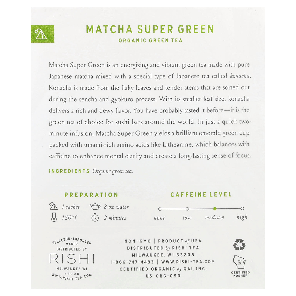 Rishi Tea, органический зеленый чай, суперзеленый чай матча, 15 пакетиков, 34,5 г (1,21 унции)