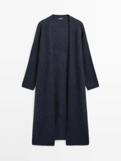 Massimo Dutti Длинный кардиган из ворсованной смесовой альпаки, темно-синий