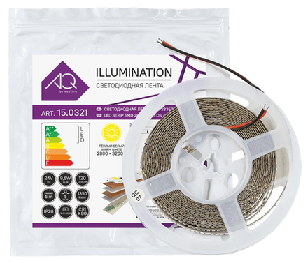 ЛЕНТА светодиодная 2835, 120 LED/м, 24V, 9,6W/м, 5 мм, IP20, теплый белый, AQ/Айкью(15.0028)