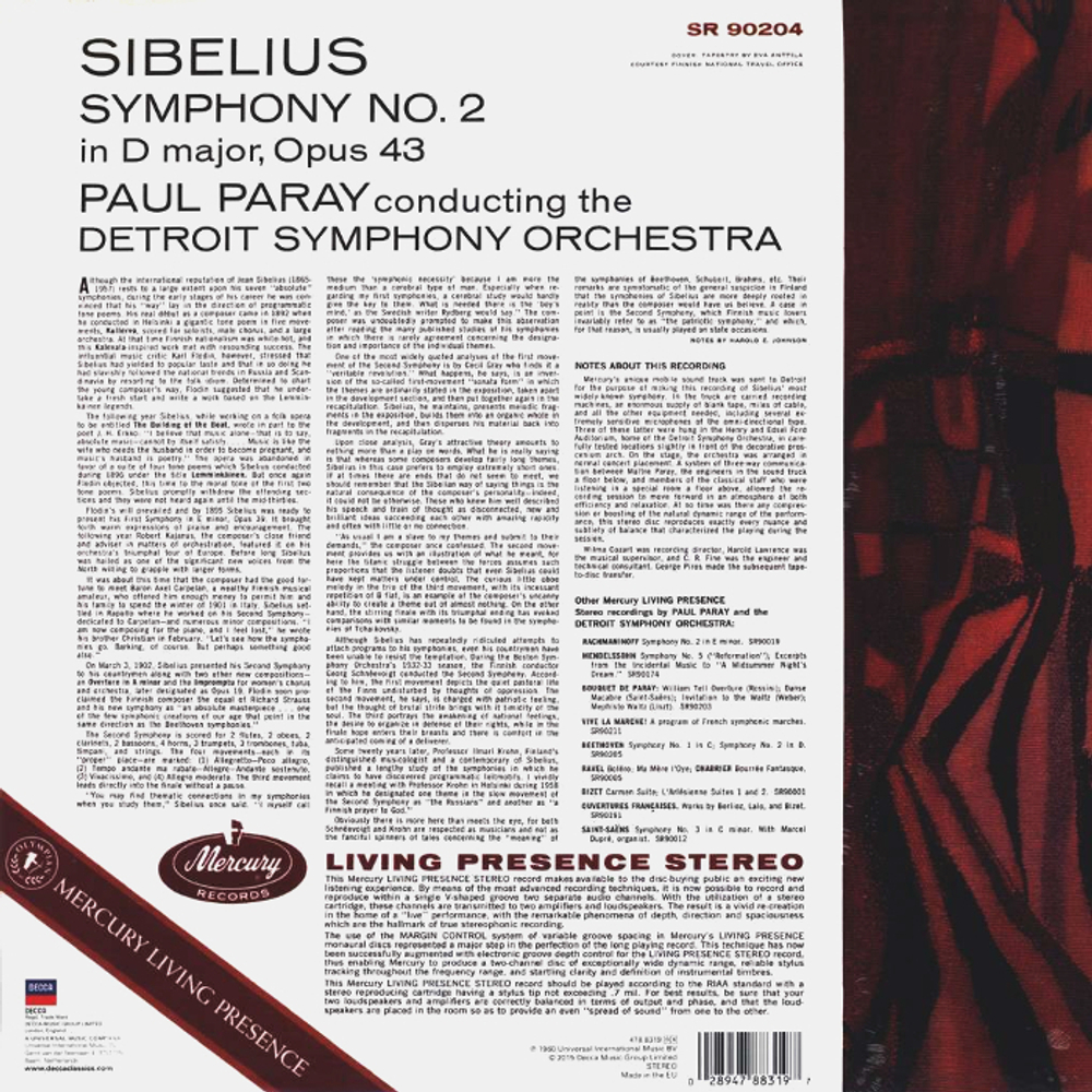 Detroit Symphony, Paul Paray / Sibelius: Symphony No. 2 (LP)