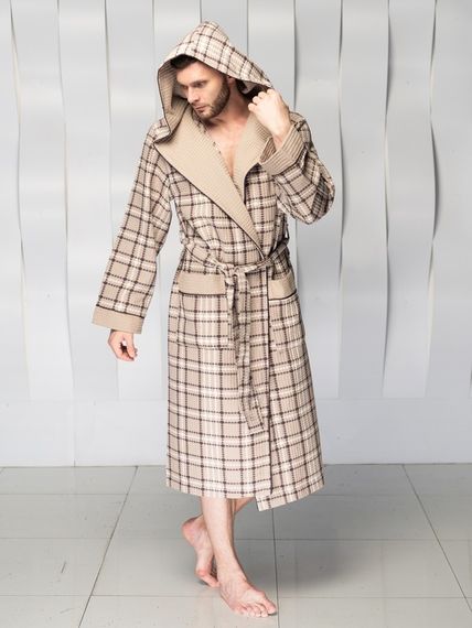 Вафельный мужской халат David с капюшоном бежевый