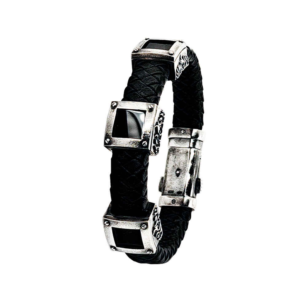 Браслет из кожи и серебра с черными агатами