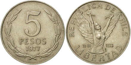 Чили 5 песо, 1976 - 1980 Свобода XF