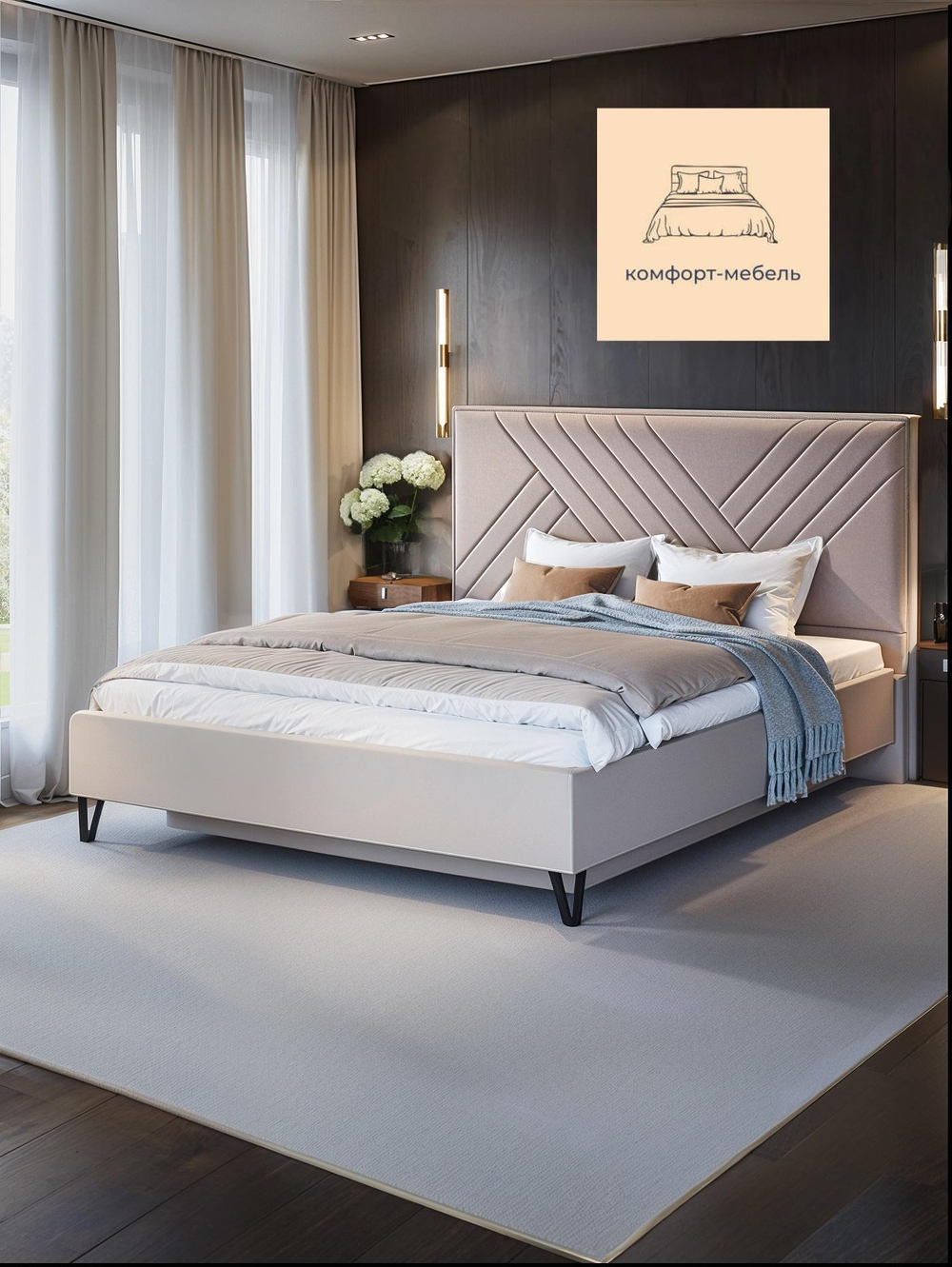 Кровать двухспальная 160х200 с бельевым ящиком Кашемир мягкая спинка, Белый