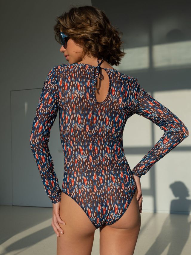 Купальник слитный с рукавом Blue Aqua Print