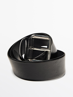 Massimo Dutti Ремень из кожи наппа с квадратной пряжкой, черный