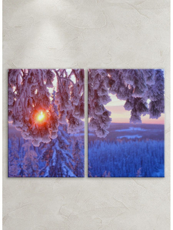 Картина на стекле, Подарок на Новый год, Двухмодульная картина на стену Зимнее утро Декор для дома, подарок