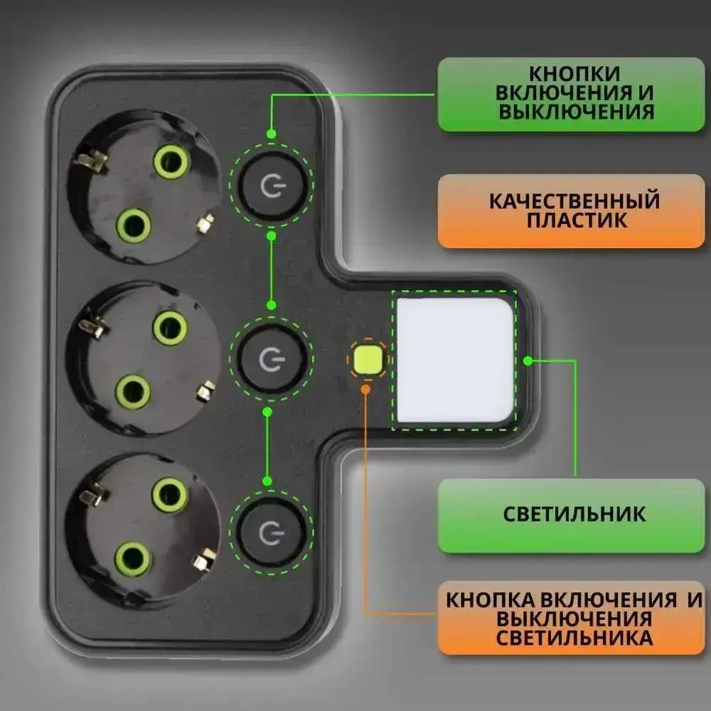 Тройник-разветвитель с подсветкой, 3 гнезда, черный, 250 Вт
