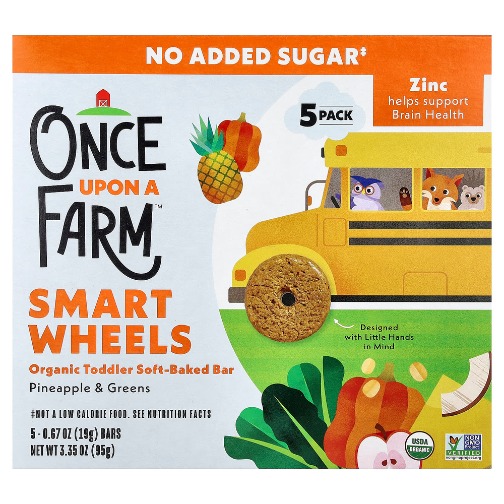 Once Upon A Farm, SmartWheels, органические запеченные батончики для малышей, ананас и зелень, 5 батончиков по 19 г (0,67 унции)
