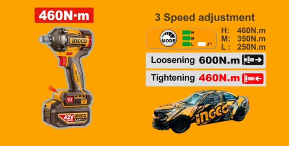 Аккумуляторный бесщёточный ударный гайковёрт INGCO CIWLI42461 INDUSTRIAL 42 В 1/2" 460 Нм