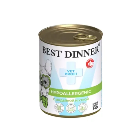 BEST DINNER (Бест Динер) Exclusive Vet Profi Hypoallergenic Консервы для собак для профилактики пищевой аллергии, с индейкой и уткой, 340 г