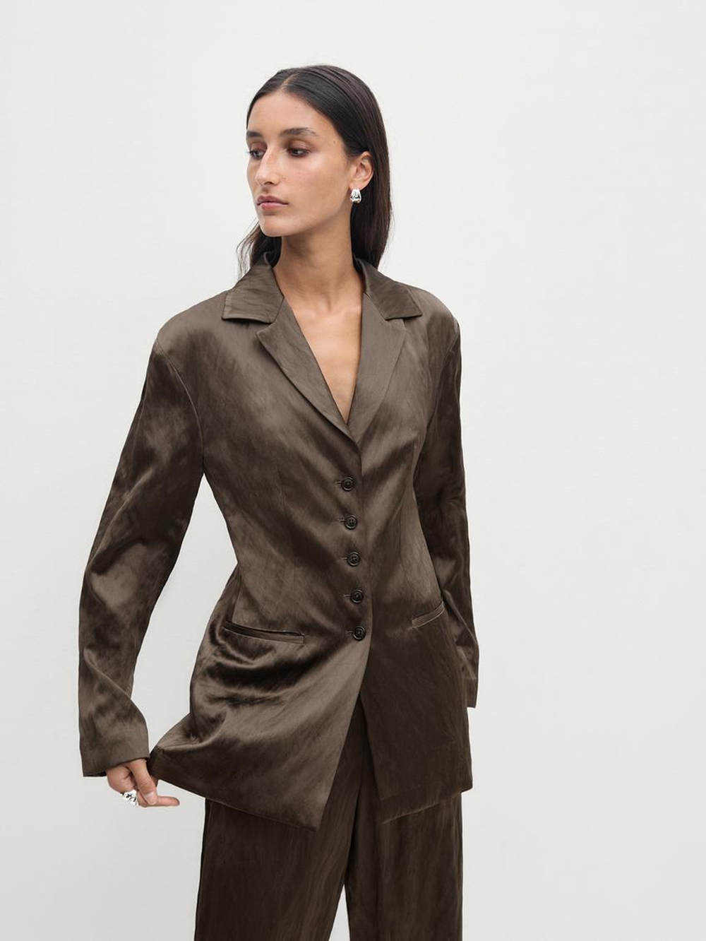 Massimo Dutti Облегающий атласный блейзер, шоколадно-коричневый