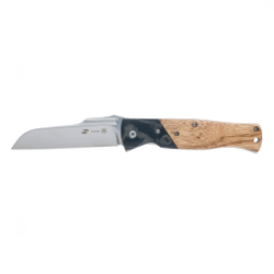 Недорогой стальной складной нож с серебристым клинком 111,5 мм и коричнево-чёрной деревянной рукояткой Stinger FB3020 в чехле и коробке
