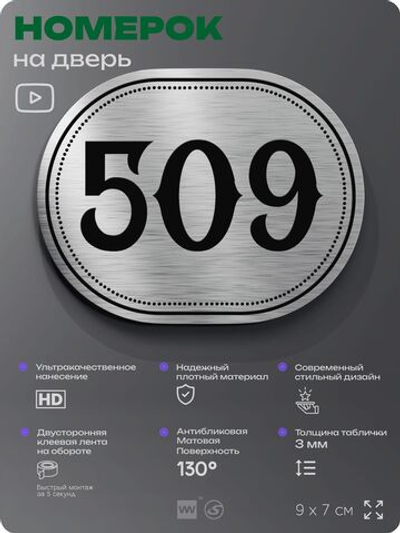Номерок на дверь квартиры 509, для кабинета, офиса, шильдик 9 х 7 см, серебристый, Айдентика Технолоджи
