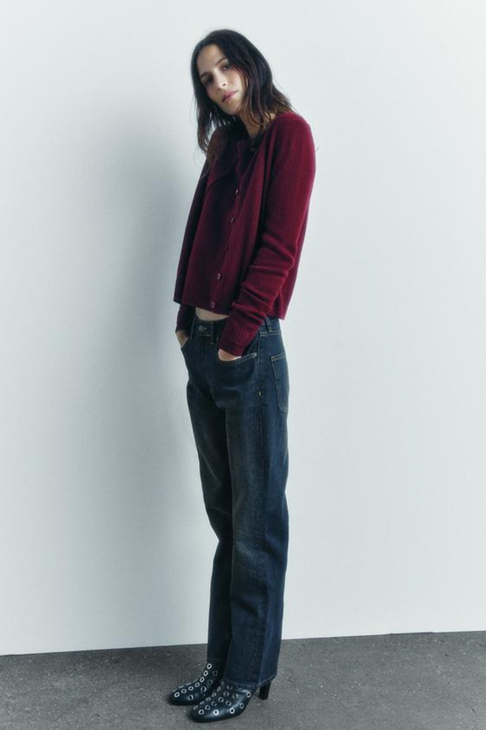 ZARA БАЗОВЫЙ КАРДИГАН ИЗ 100% ШЕРСТИ, ГРАНАТОВЫЙ