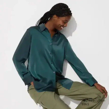 UNIQLO АТЛАСНАЯ БЛУЗКА, ТЕМНО-ЗЕЛЕНЫЙ