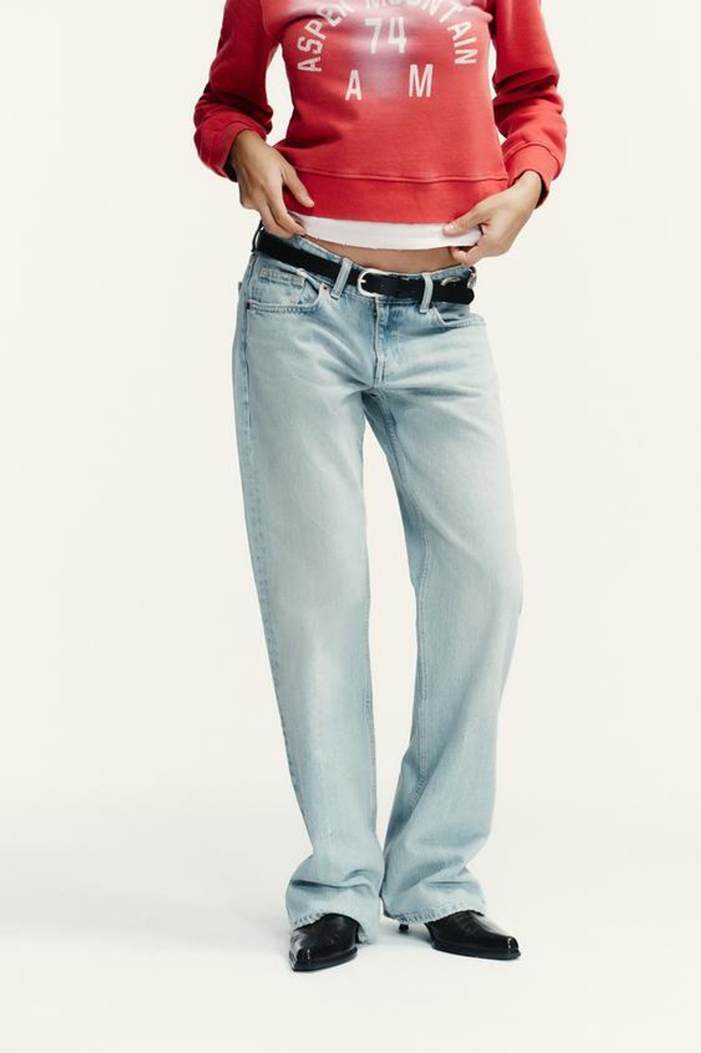 ZARA ДЖИНСЫ TRF WIDE LEG С НИЗКОЙ ПОСАДКОЙ, ЛИНЯЛЫЙ СИНИЙ