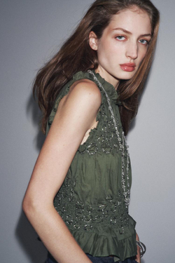 ZARA ТОП С БУСИНАМИ — ZW COLLECTION, ЗЕЛЕНЫЙ/СЕРЫЙ