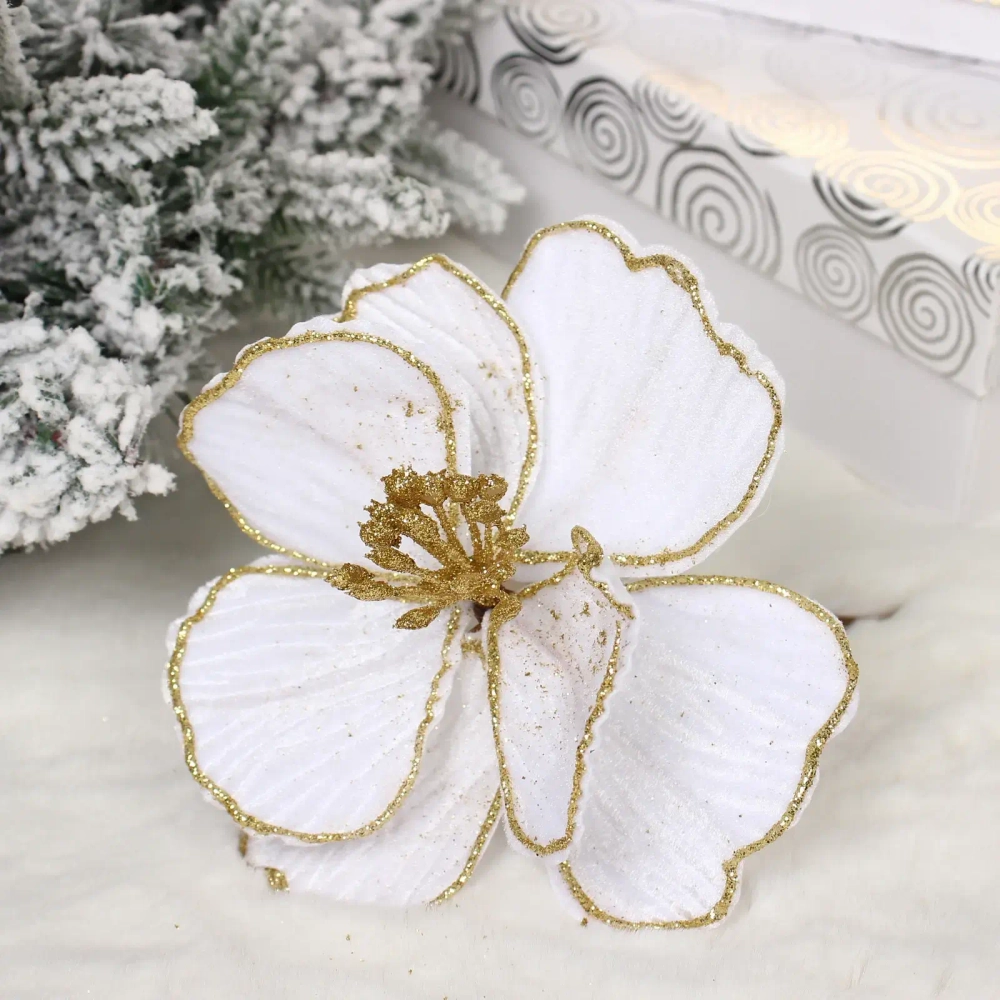Украшение новогоднее «Пуансеттия - Изящная» 16 см, Белый/Золото