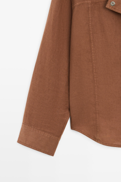 Massimo Dutti Льняная рубашка с кнопками, коричневый