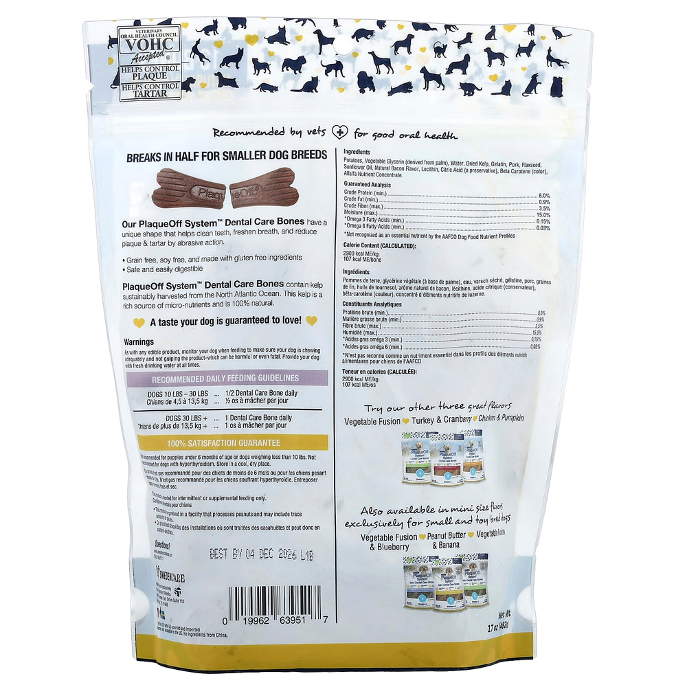 ProDen, PlaqueOff System™, Dental Care Bones, для средних и крупных собак, со вкусом бекона, 13 костей, 482 г (17 унций)