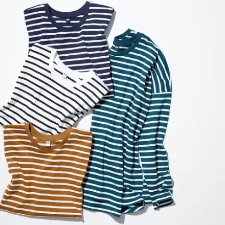 UNIQLO ФУТБОЛКА ОВЕРСАЙЗ В ПОЛОСКУ, С ДЛИННЫМИ РУКАВАМИ, ЖЕЛТОВАТО-БЕЛЫЙ