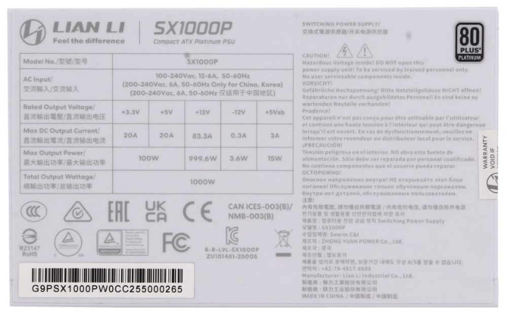 Блок питания LIAN LI SX1000P (G9P.SX1000P.W000.EU) 1000 Вт