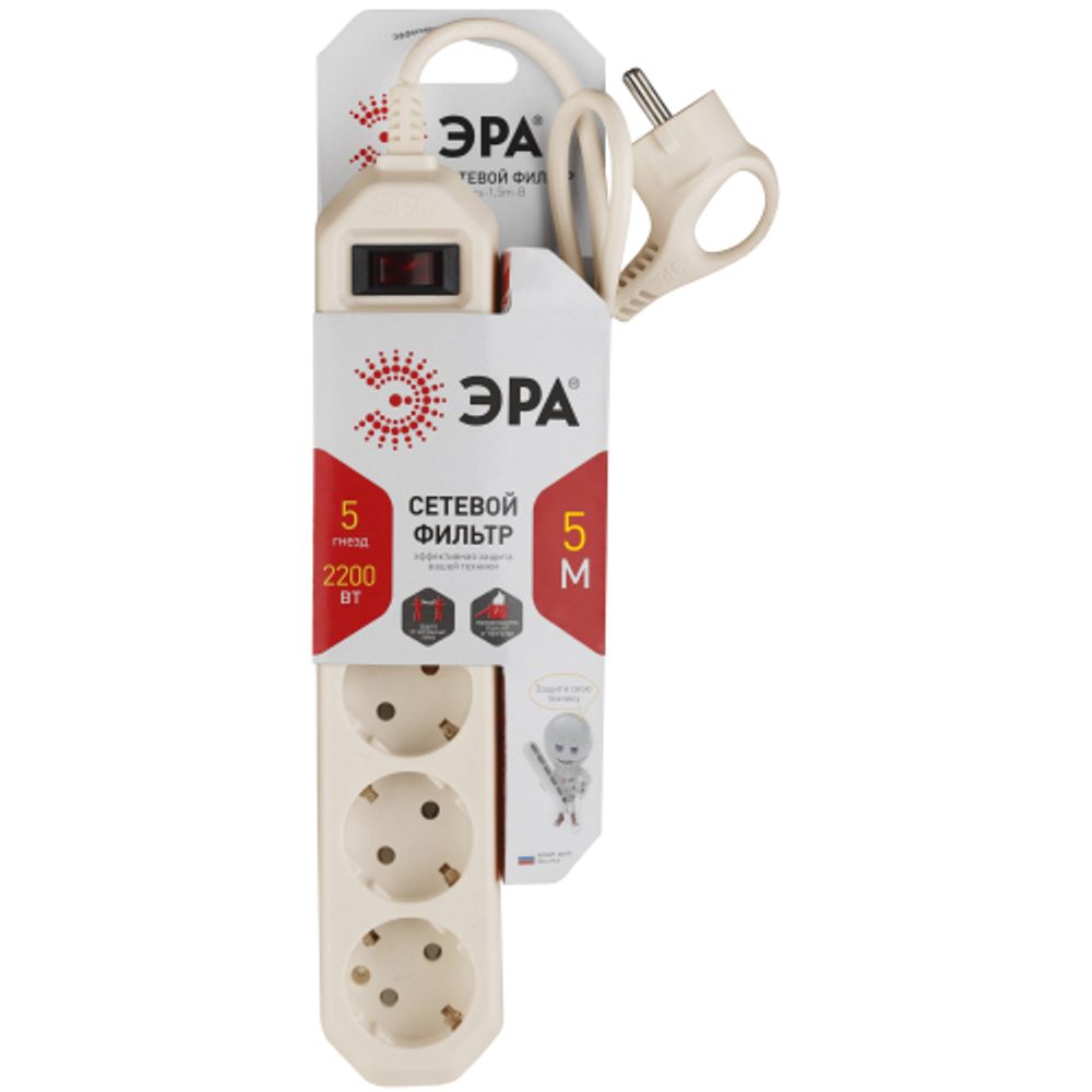 Сетевой фильтр ЭРА USF-5es-5m-I с базовой защитой с заземлением с выключателем 5 розеток 5м 10А слоновая кость