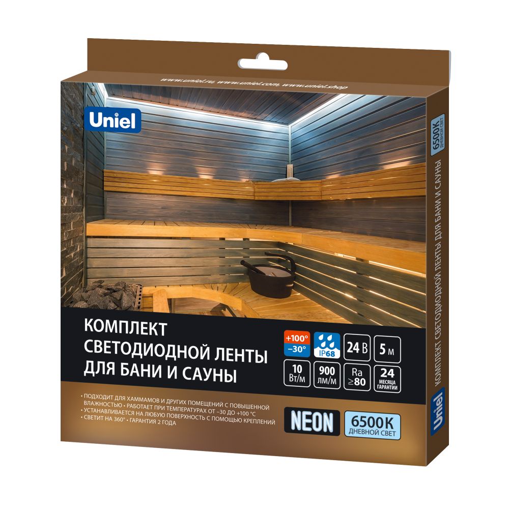 ULS-N40-2835-120LED-m-16mm-IP68-DC24V-10W-m-5M-6500K NEON SET01 Комплект светодиодной ленты для бань и саун. до +100С. катушка 5м. Дневной свет 6500К. Крепление в-к. TM Uniel