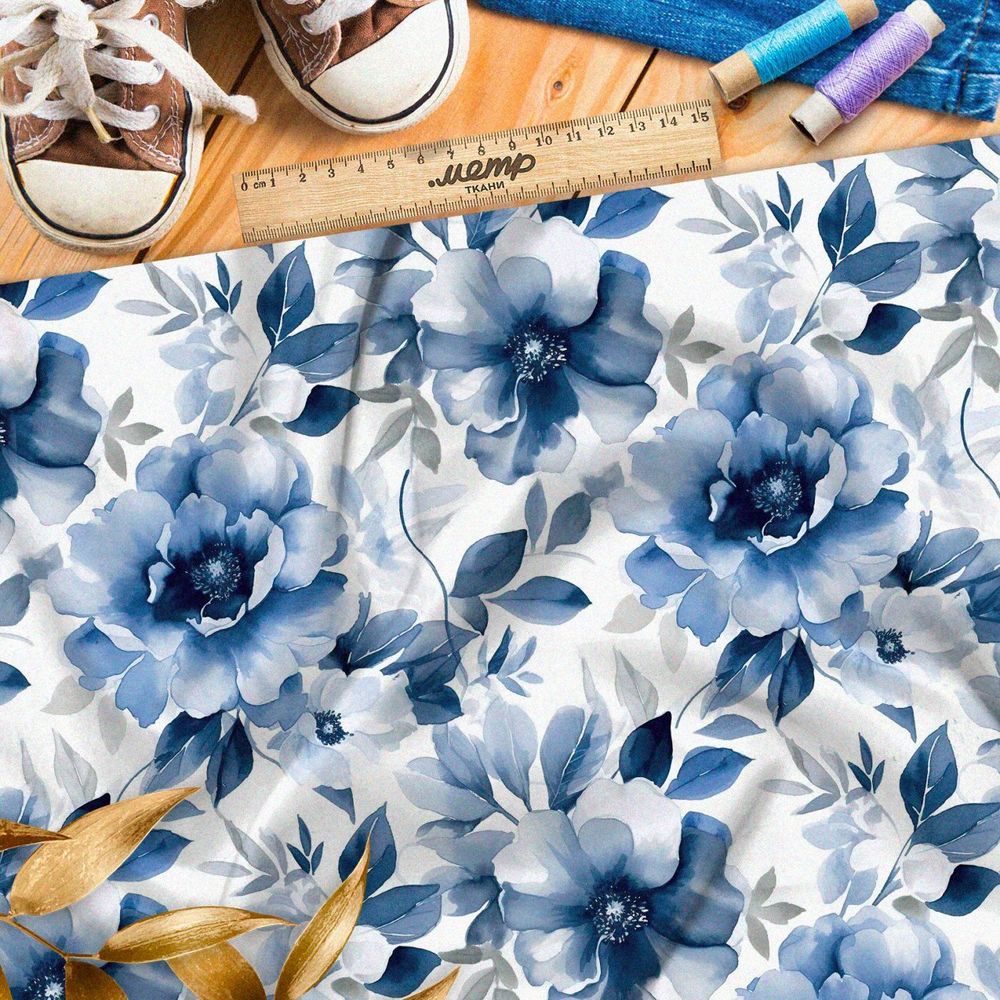 Ткань премиум Оксфорд 600D крупные голубые цветы