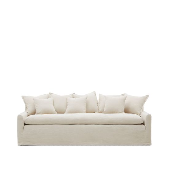 Чехол на 3-местный диван Zenira с подушками из хлопка и льна бежевого цвета, 230 см