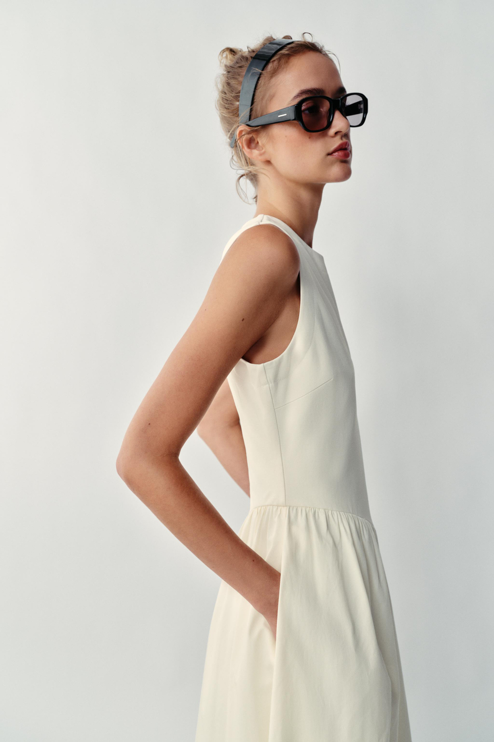ZARA КОМБИНИРОВАННОЕ ПЛАТЬЕ МИДИ, ЭКРЮ