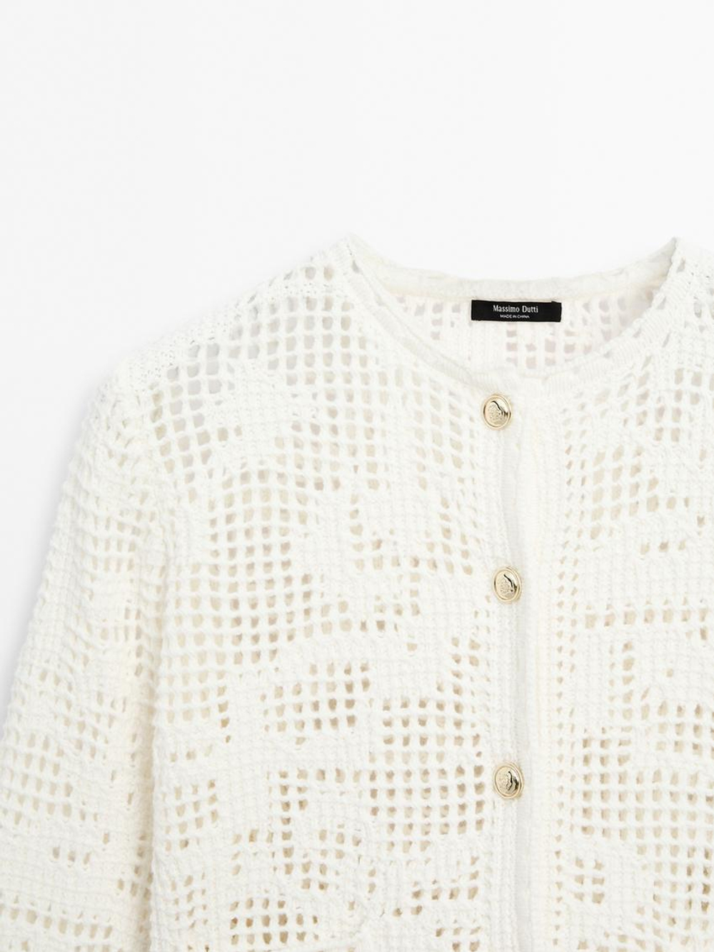 Massimo Dutti Кардиган из кружева кроше с пуговицами со стразами, натуральный, кремовый