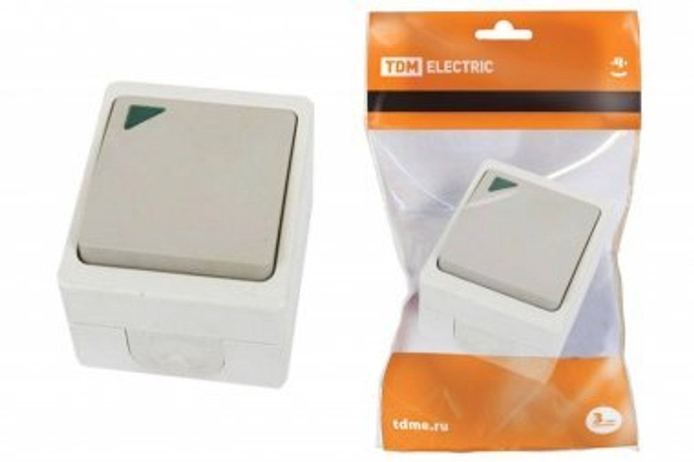 Выключатель 1-кл. с подсветкой открытой установки IP54 10А серый "Вуокса" TDM (ЕС) SQ1803-0004