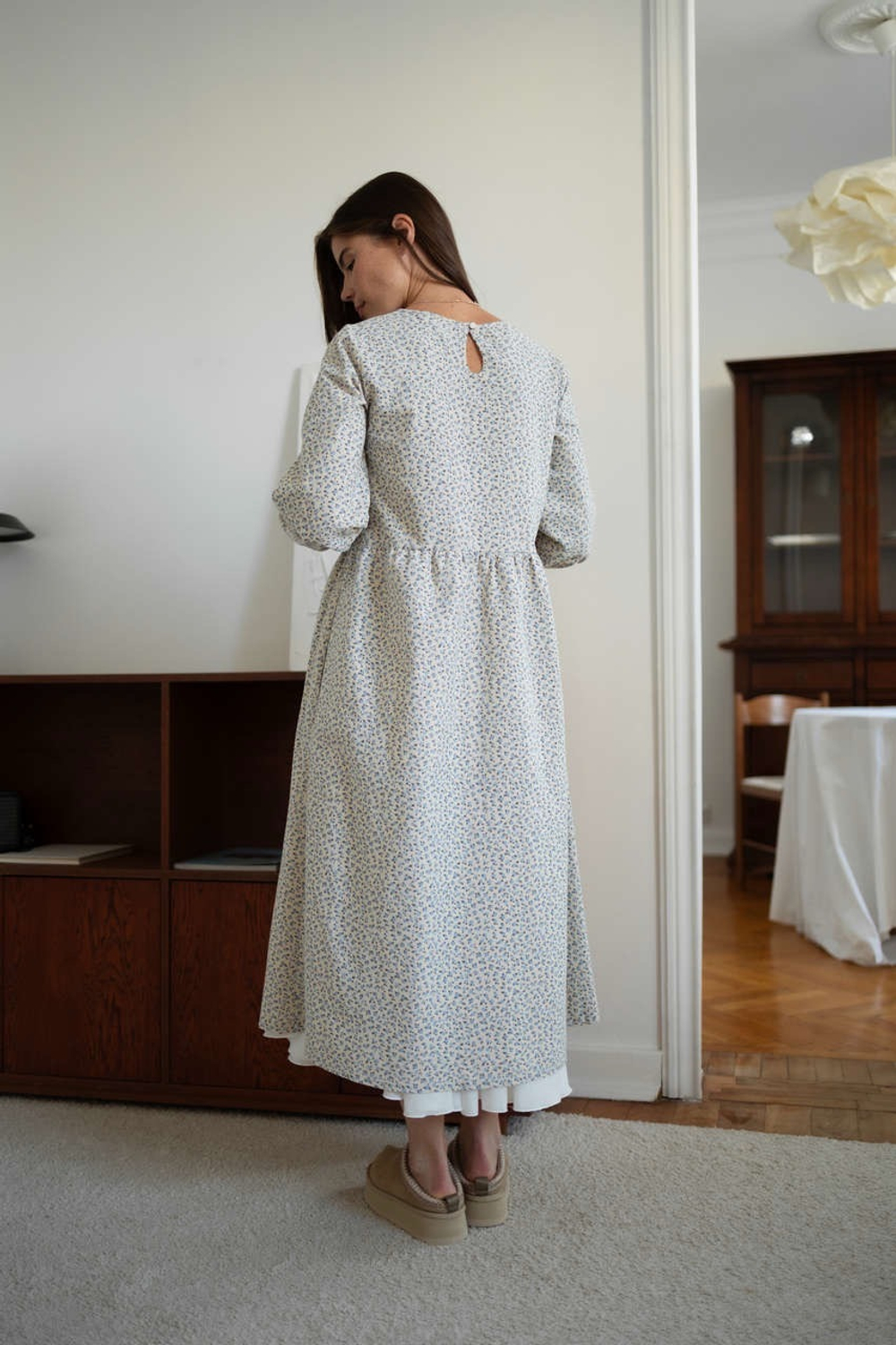 Платье Аврора из фланели, Кремовый с голубыми цветами