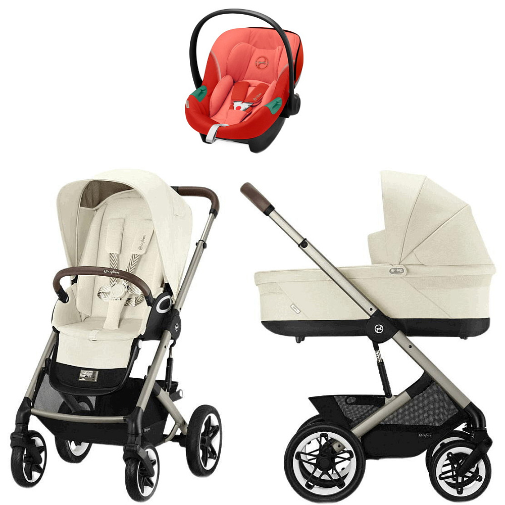 Коляска Cybex Talos S Lux TPE complete Aton S2 Hibiscus Red Base One 4 в 1 Seashell Beige с дождевиками
