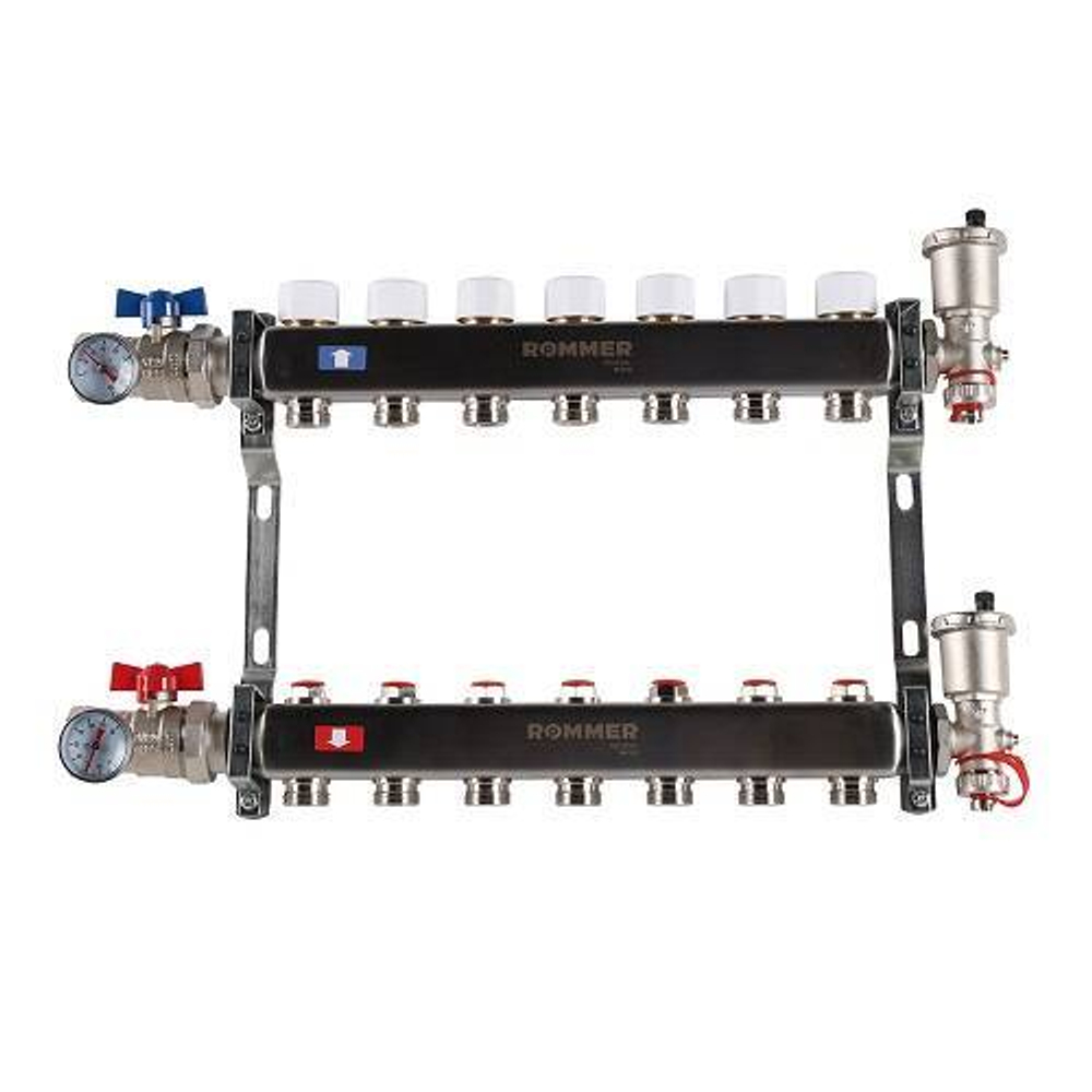 Коллекторная группа для радиаторного отопления ROMMER RMS3210 - 1" на 7 контуров 3/4"EK
