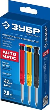 ЗУБР АСК 18 сменных грифелей: 6ч + 6ж + 6к, Автоматический строительный карандаш, ПРОФЕССИОНАЛ (06312-H6)