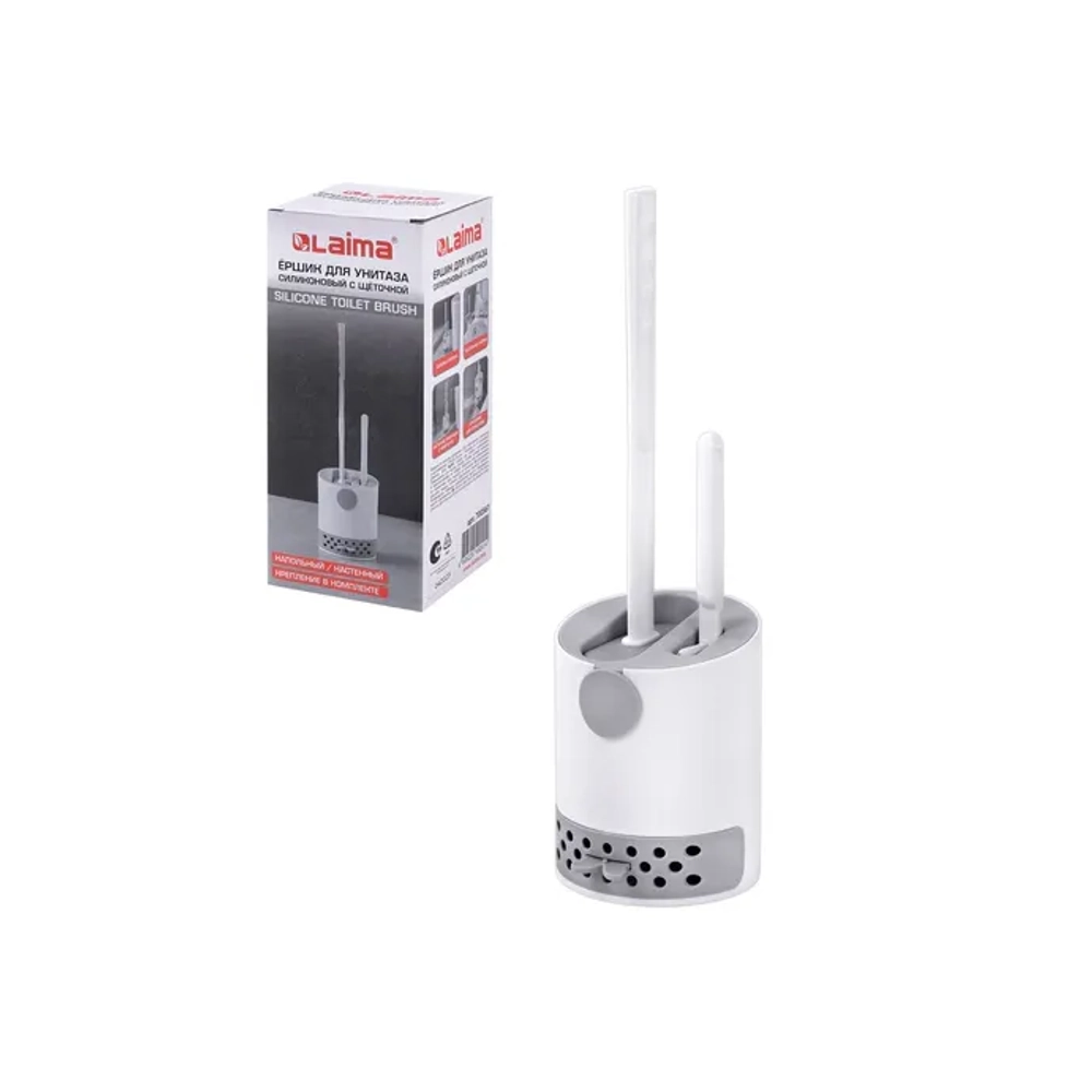 Ершик для унитаза силиконовый (плоский) + щеточка, напольный / настенное крепление, LAIMA, 700561