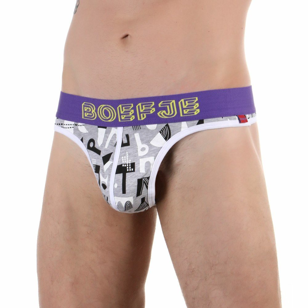 Трусы-тонги мужские Boefje – серые, принт букв, размер S