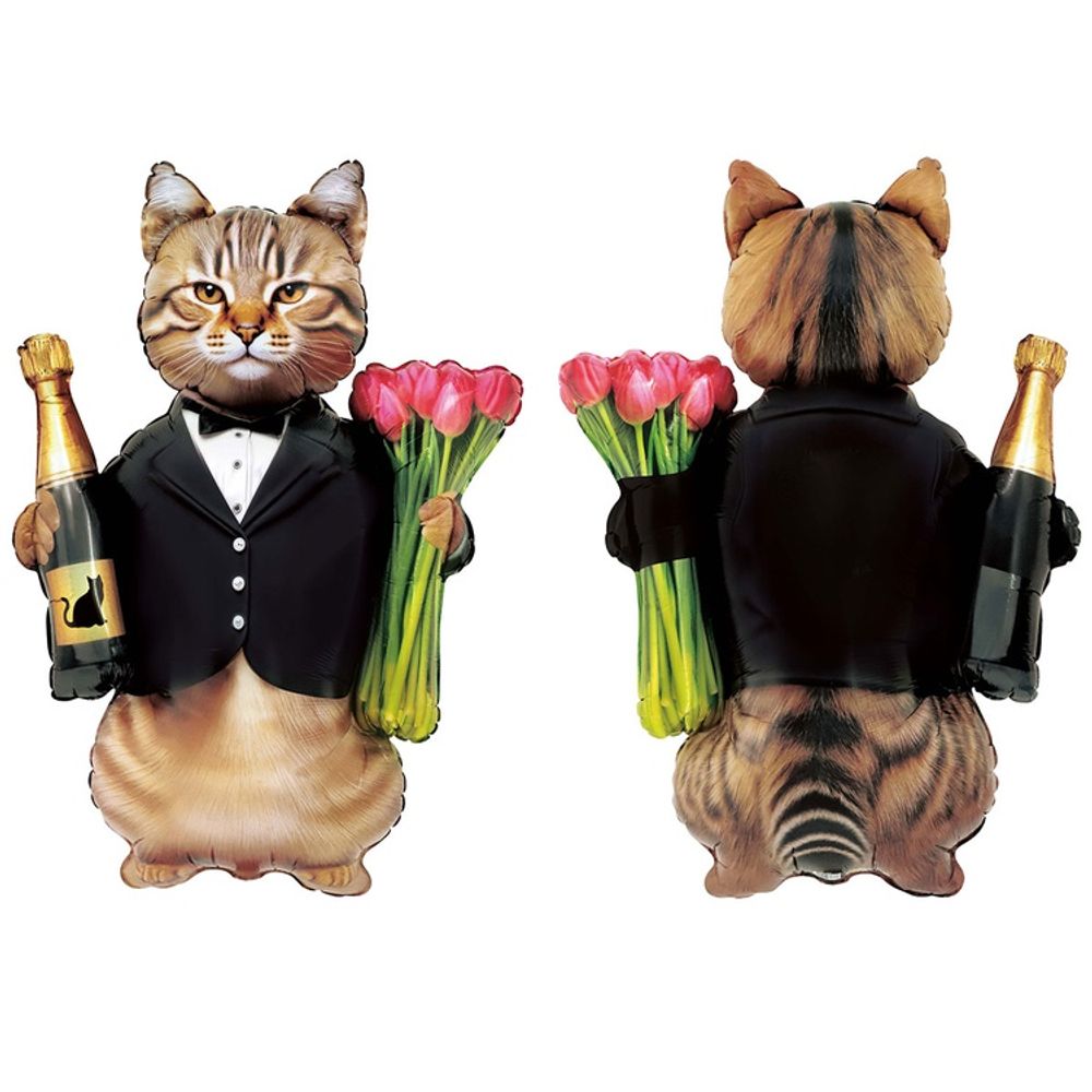 Кот с тюльпанами и шампанским, шар фольгированный