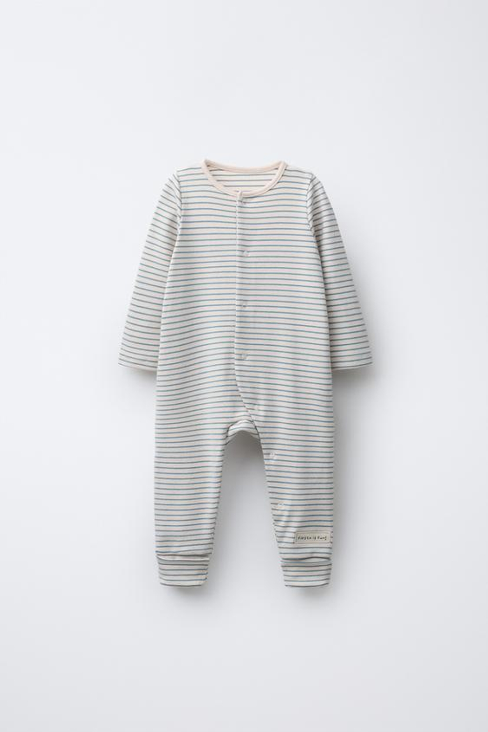 ZARA ПОЛОСАТЫЙ КОМБИНЕЗОН С ТРАНСФОРМИРУЕМЫМИ НОСКАМИ, ЭКРЮ/СИНИЙ